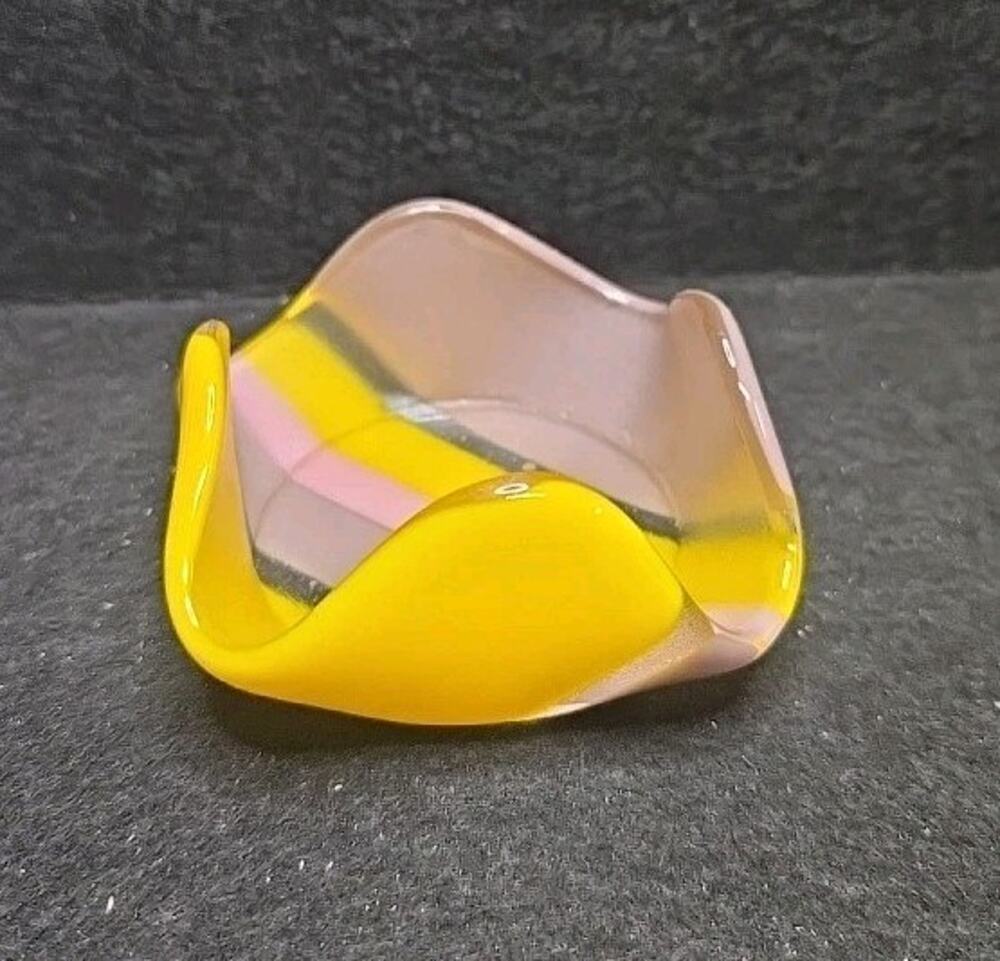 Handblown Striped Art Glass Handkerchief Bowl Dish Pink, Purple, Yellow